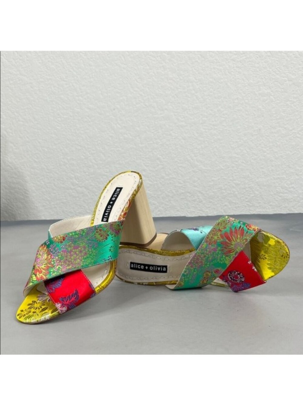 Alice + Olivia Landly TapestryCross Strap Wood Block Heel Sandals